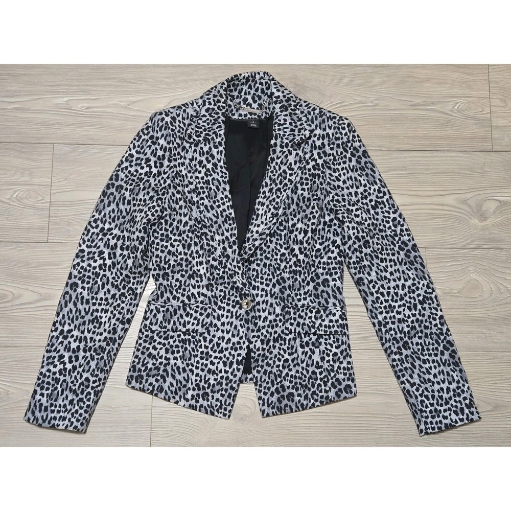 White House Black Market Gray And Black Leopard Print Blazer Size 2 Jacket Suit